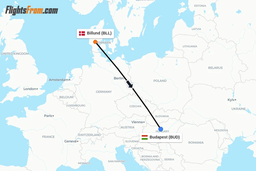 Flights from Billund to Budapest route map