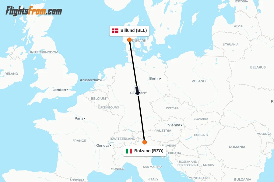 Flights from Billund to Bolzano route map