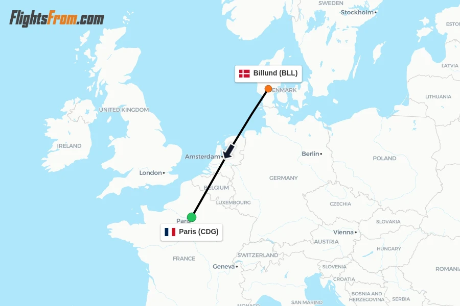 Flights from Billund to Paris route map