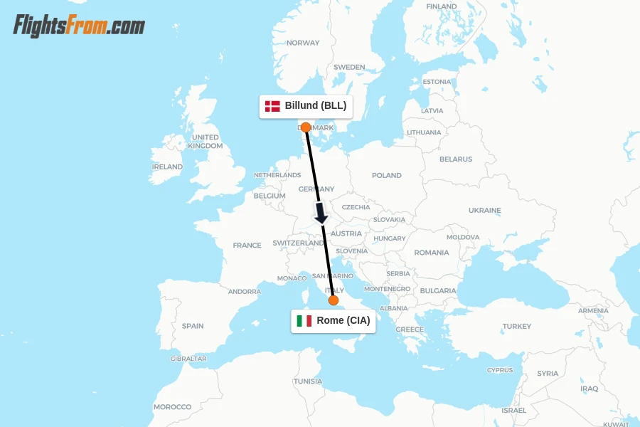 Flights from Billund to Rome route map