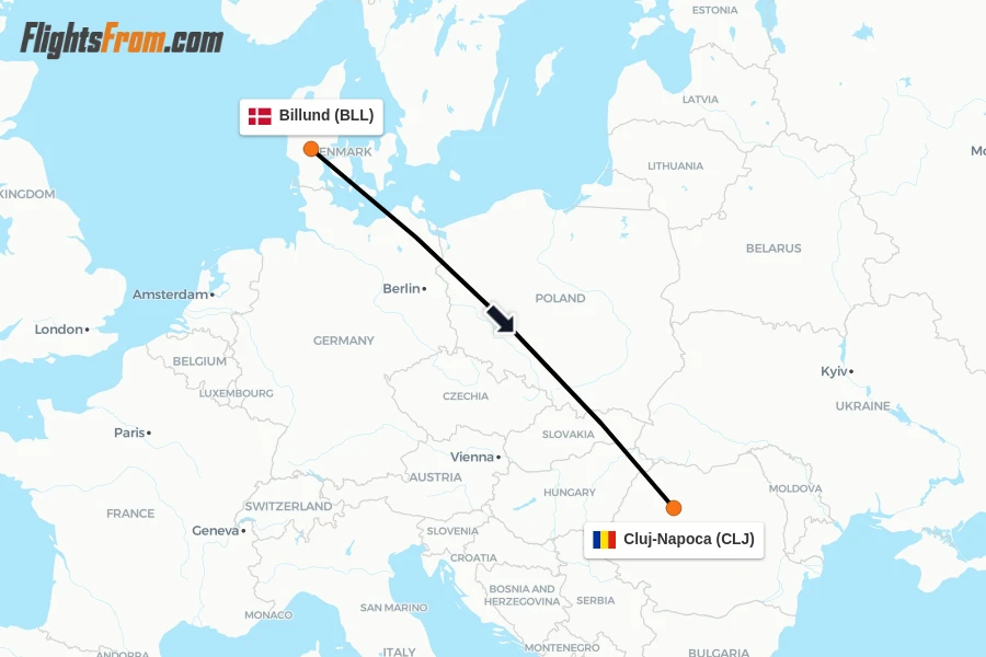 Flights from Billund to Cluj-Napoca route map