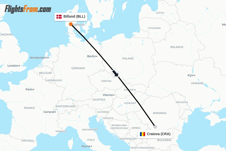 Flights from Billund to Craiova route map