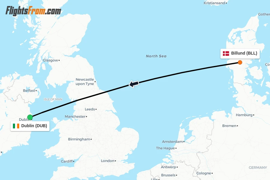 Flights from Billund to Dublin route map