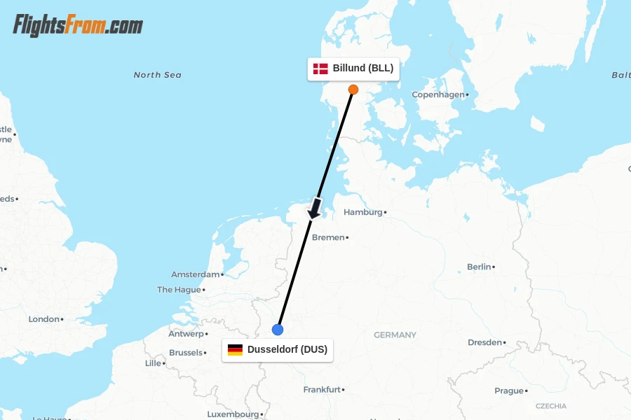 Flights from Billund to Dusseldorf route map
