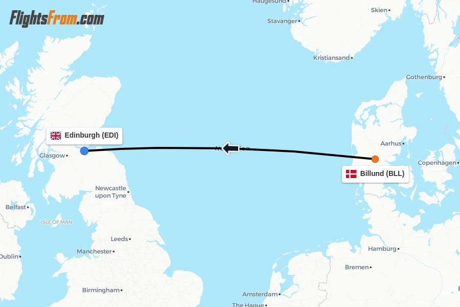 Flights from Billund to Edinburgh route map