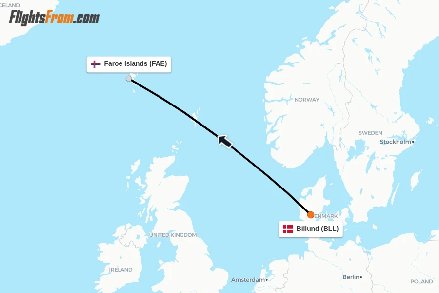 Flights from Billund to Faroe Islands route map