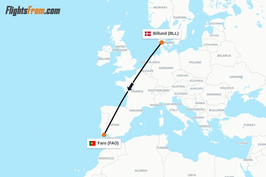 Flights from Billund to Faro route map