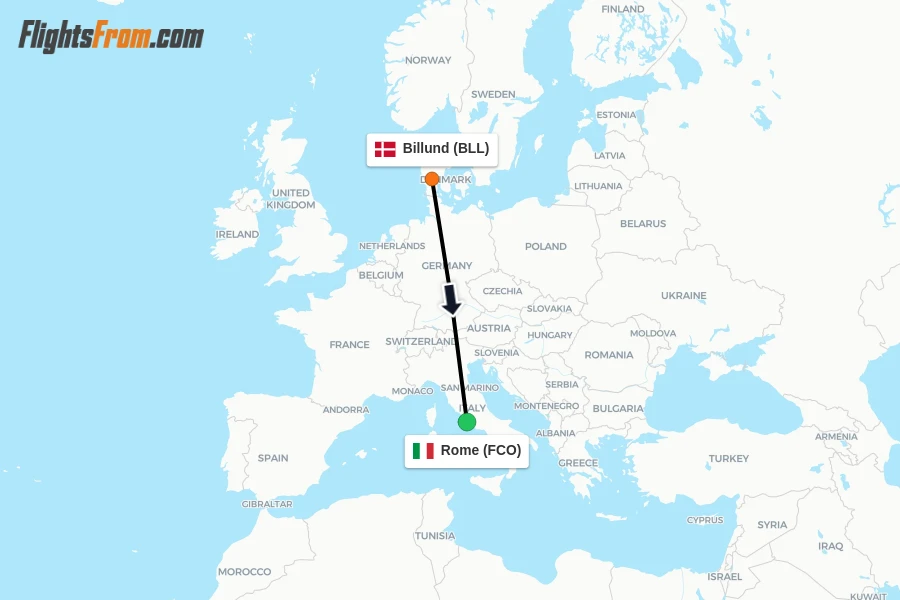 Flights from Billund to Rome route map