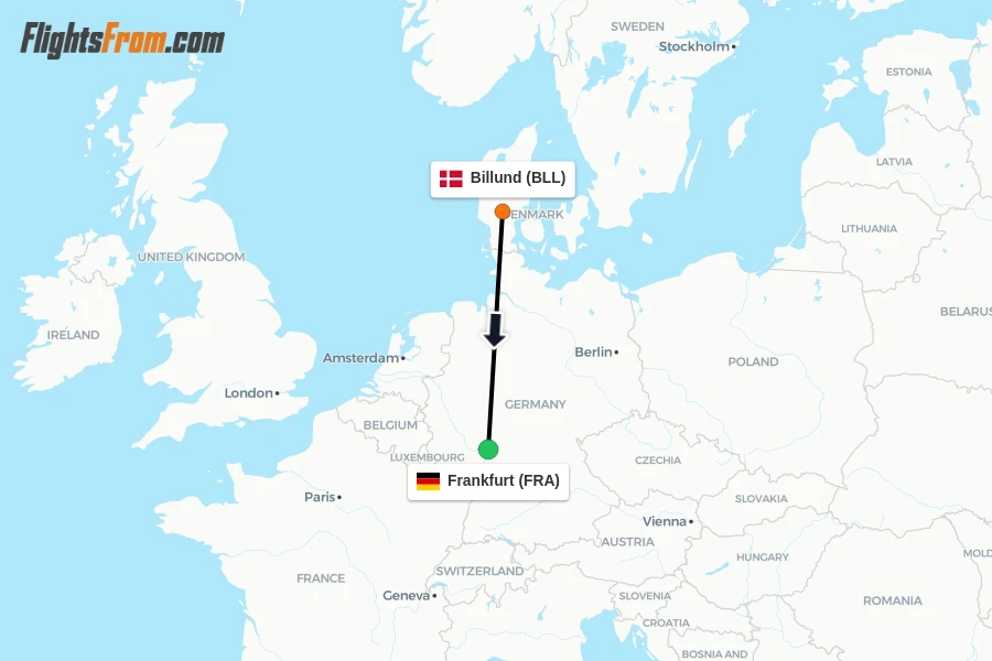 Flights from Billund to Frankfurt route map