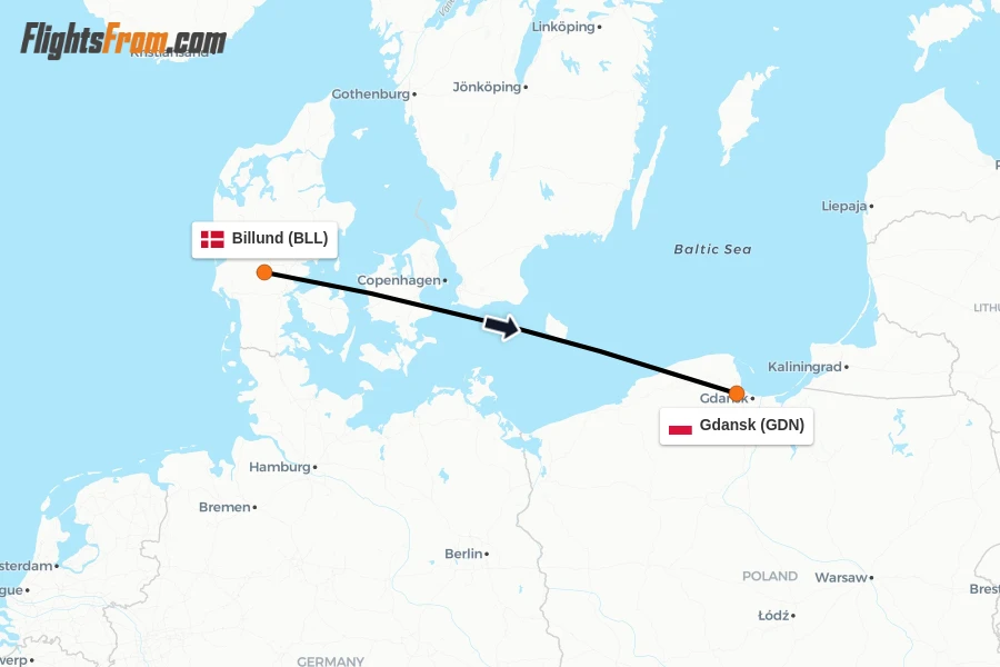 Flights from Billund to Gdansk route map