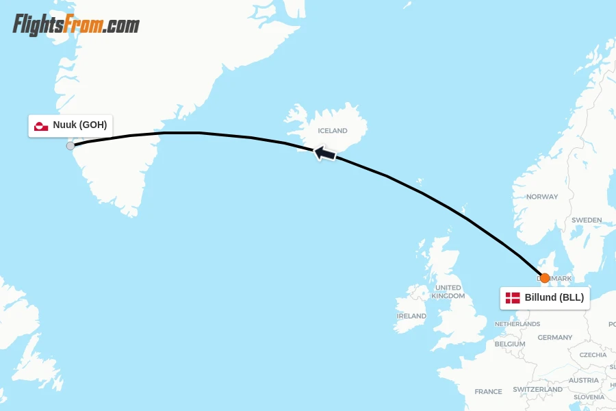 Flights from Billund to Nuuk route map