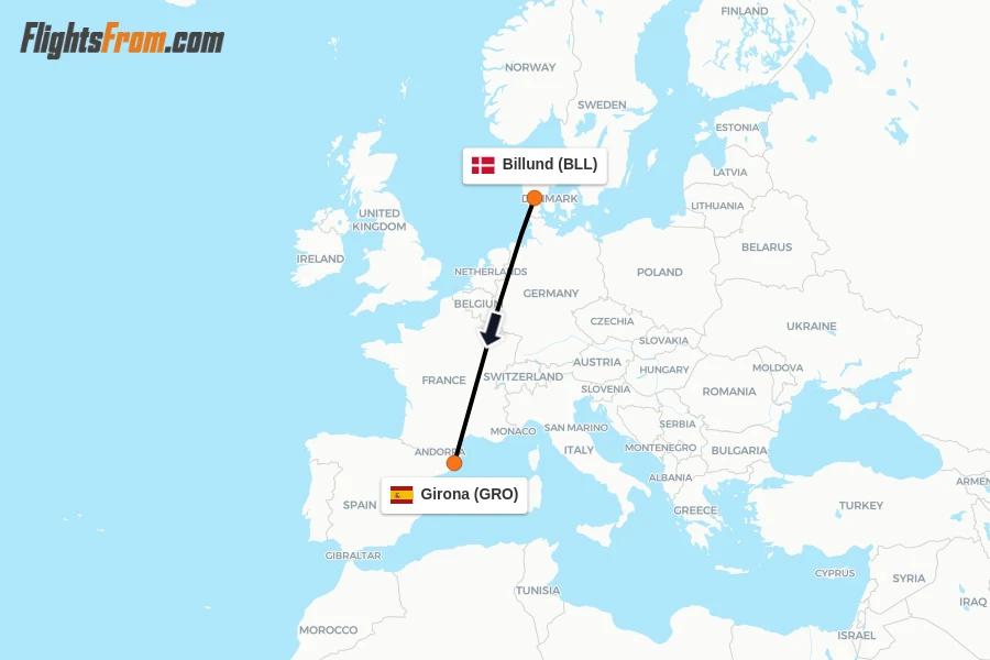 Flights from Billund to Girona route map