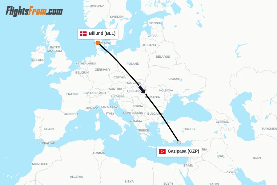 Flights from Billund to Gazipasa route map