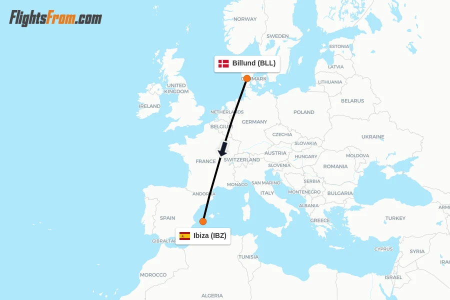 Flights from Billund to Ibiza route map