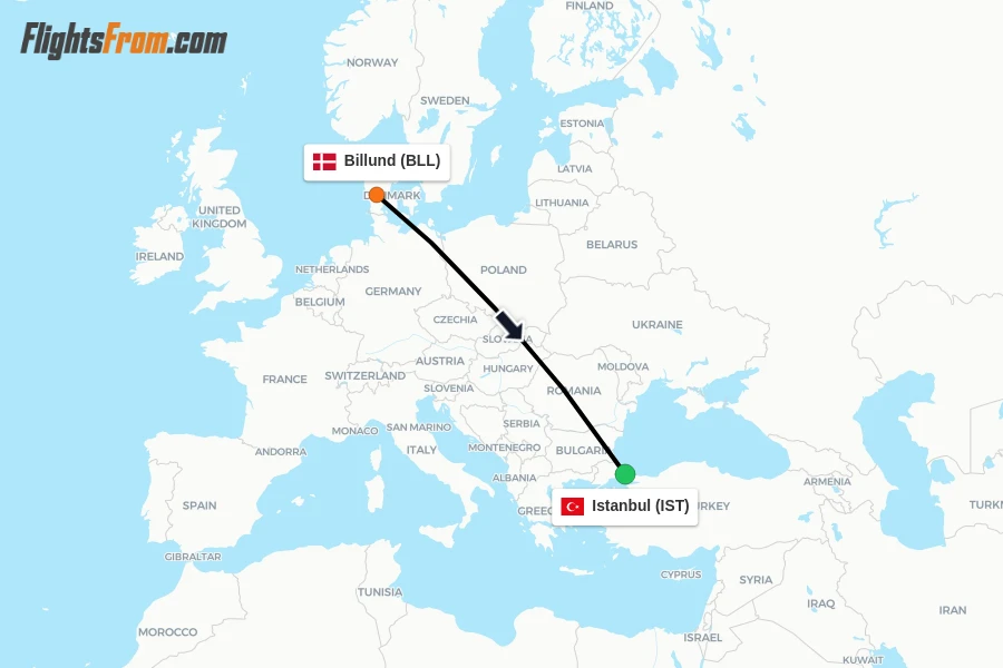 Flights from Billund to Istanbul route map