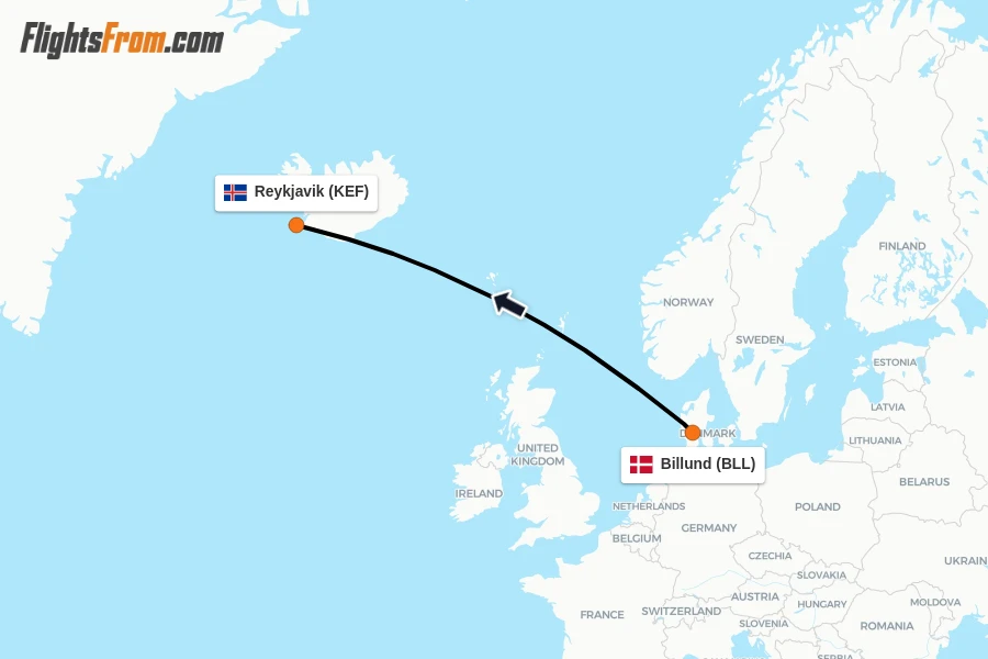 Flights from Billund to Reykjavik route map