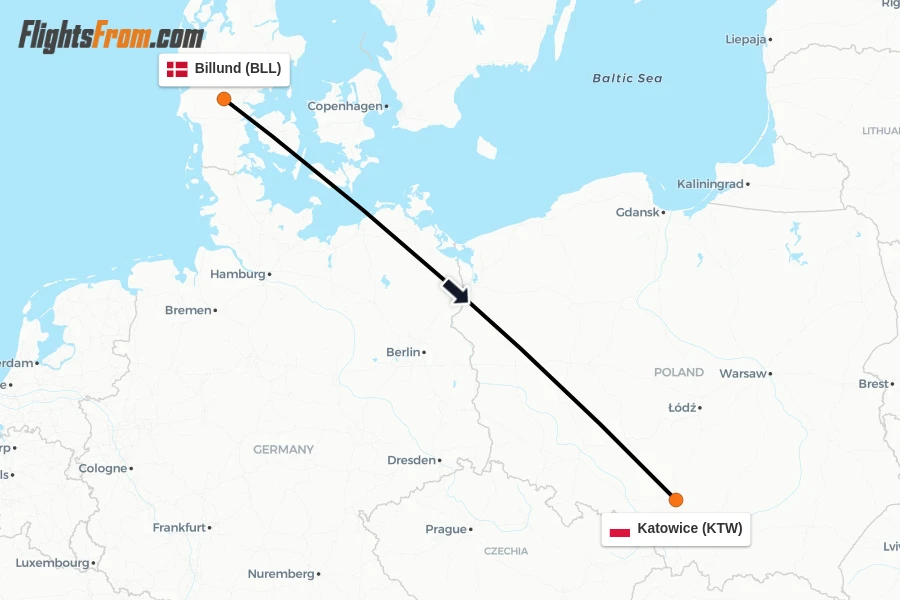 Flights from Billund to Katowice route map