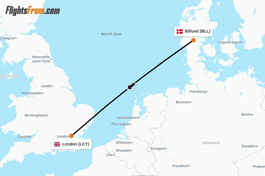 Flights from Billund to London route map