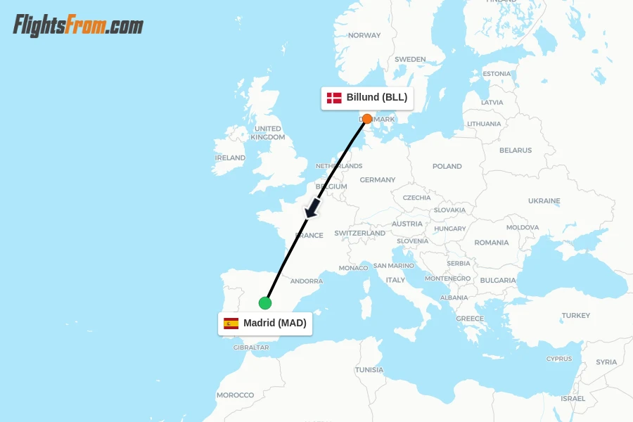 Flights from Billund to Madrid route map