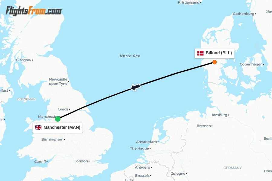 Flights from Billund to Manchester route map