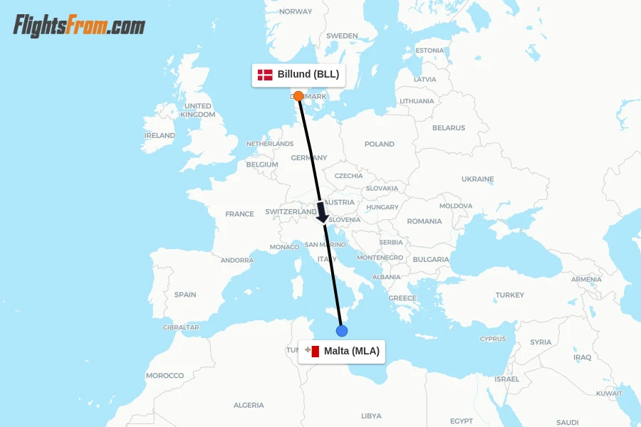 Flights from Billund to Malta route map