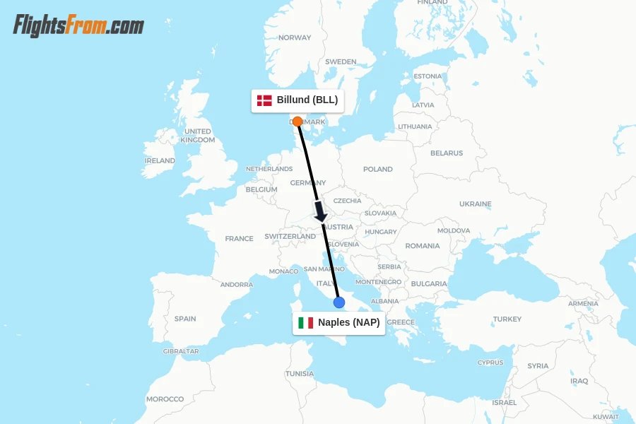 Flights from Billund to Naples route map