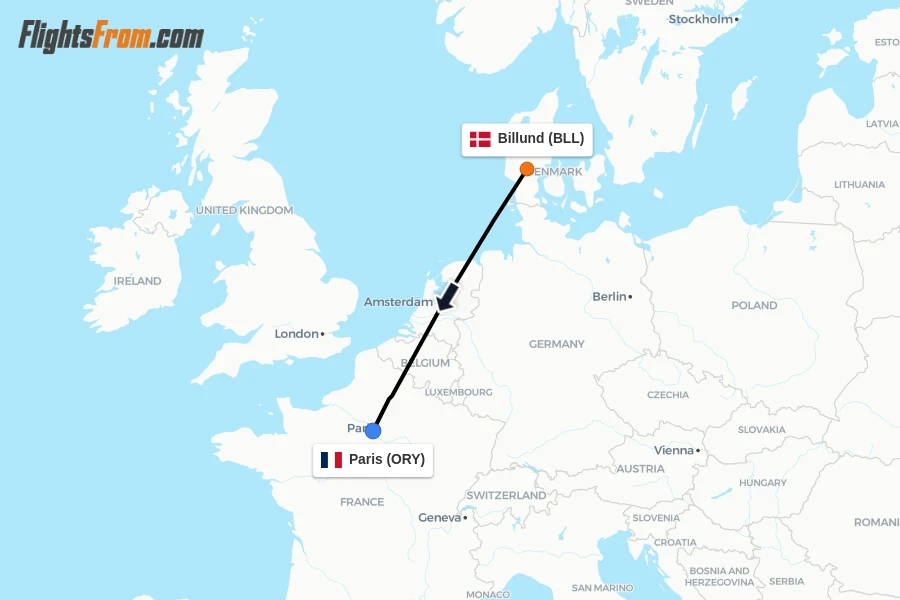 Flights from Billund to Paris route map