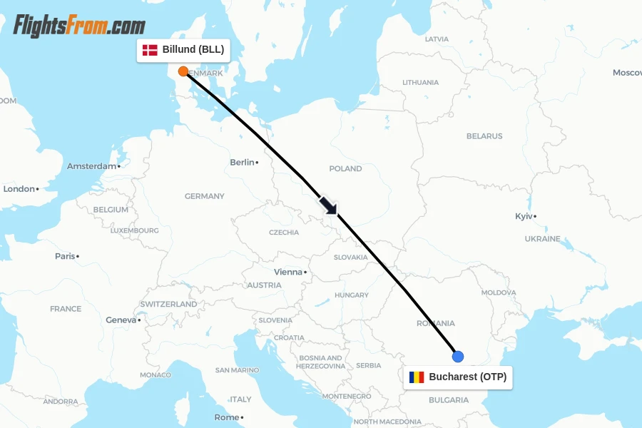 Flights from Billund to Bucharest route map