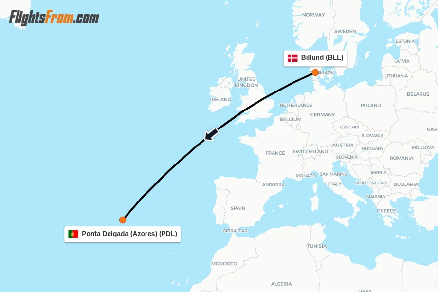 Flights from Billund to Ponta Delgada (Azores) route map