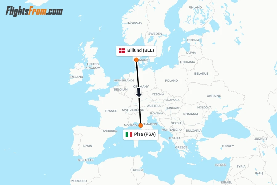 Flights from Billund to Pisa route map