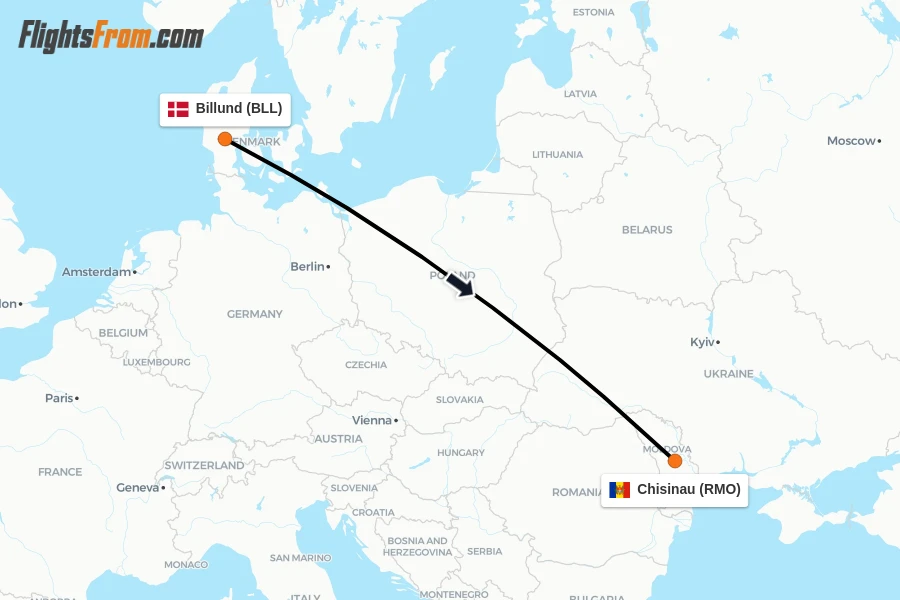 Flights from Billund to Chisinau route map