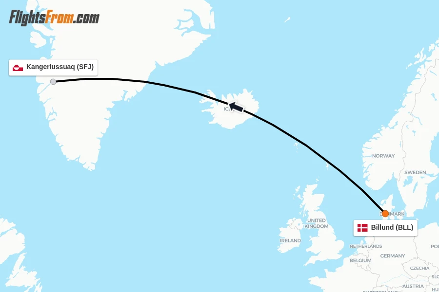 Flights from Billund to Kangerlussuaq route map