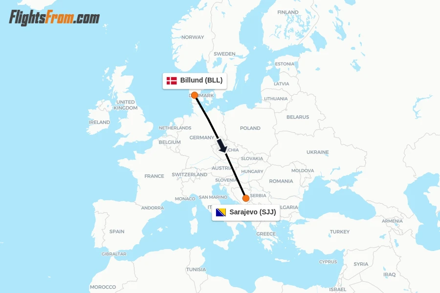 Flights from Billund to Sarajevo route map