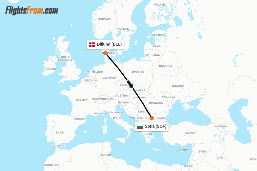Flights from Billund to Sofia route map