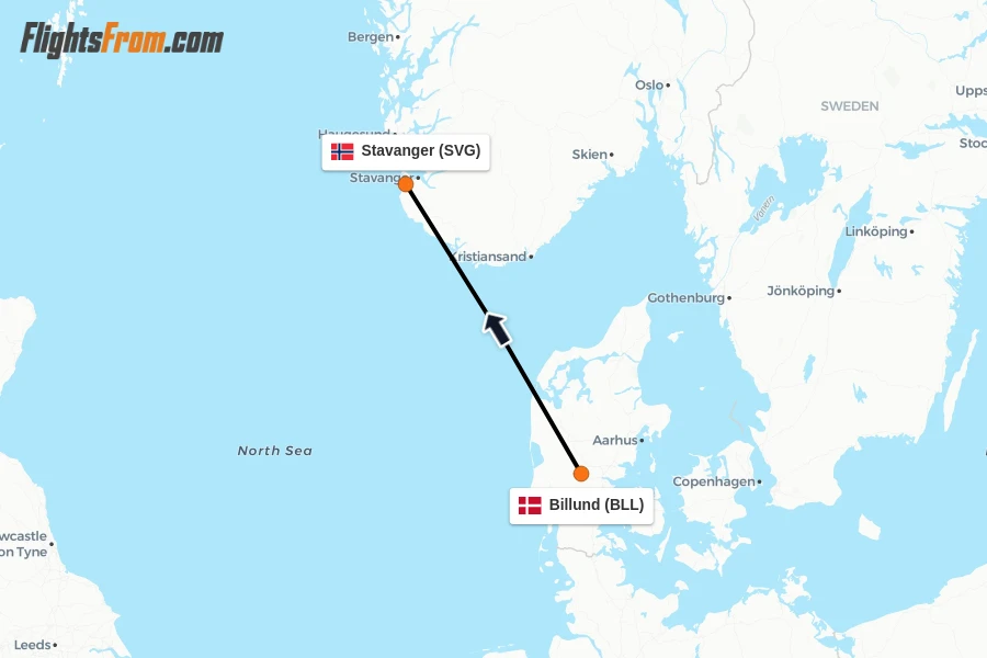 Flights from Billund to Stavanger route map