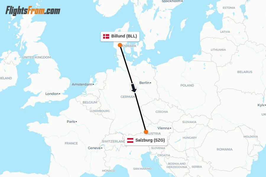 Flights from Billund to Salzburg route map