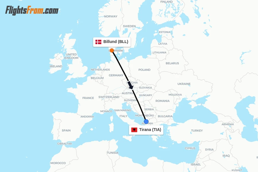 Flights from Billund to Tirana route map