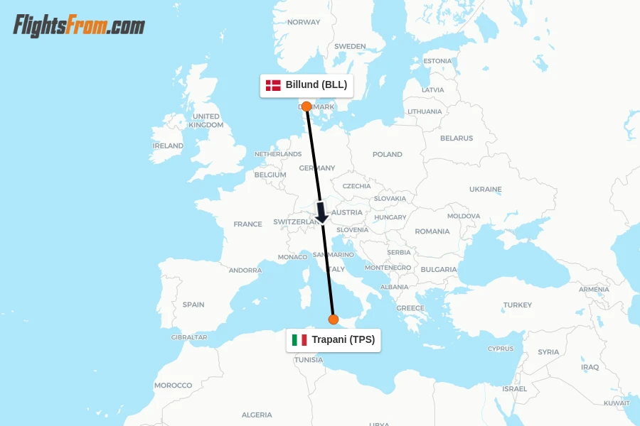 Flights from Billund to Trapani route map