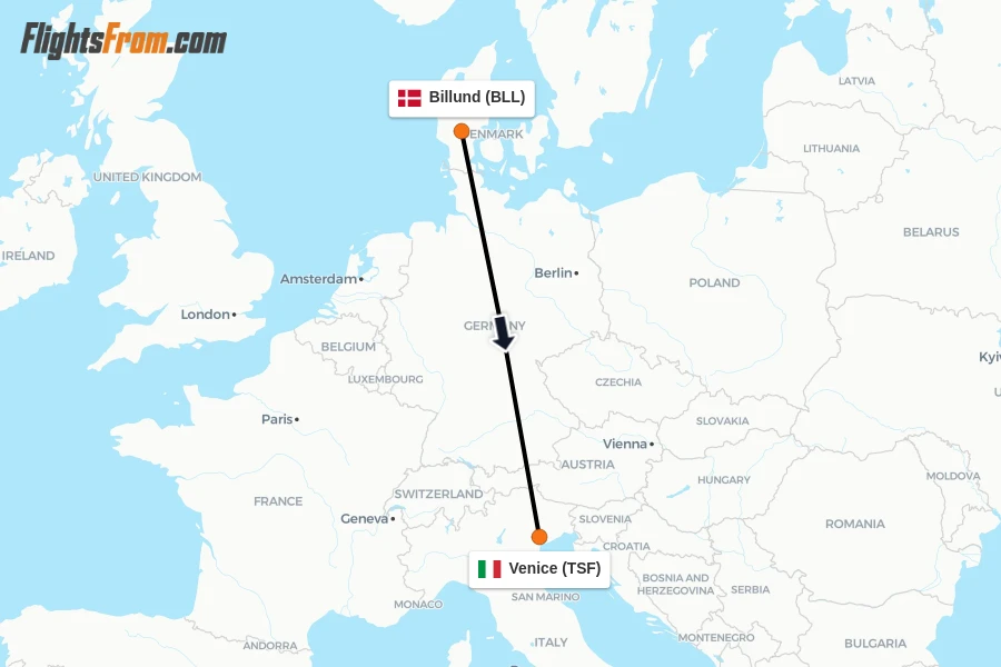 Flights from Billund to Venice route map