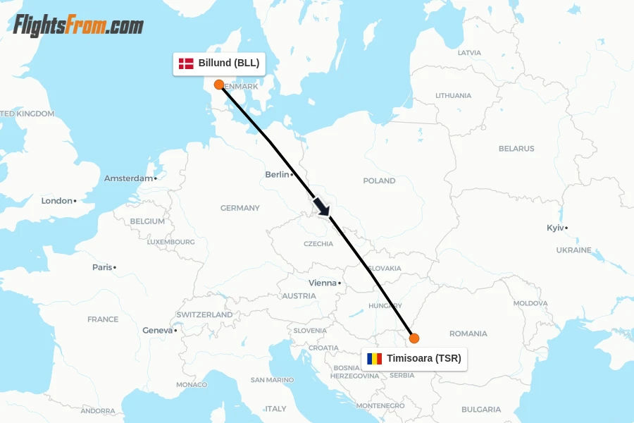 Flights from Billund to Timisoara route map