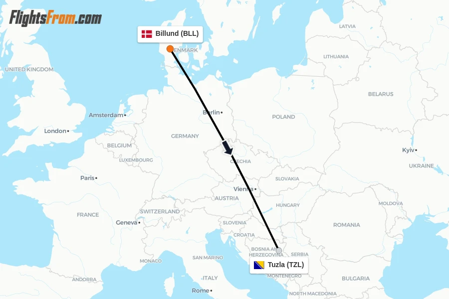 Flights from Billund to Tuzla route map