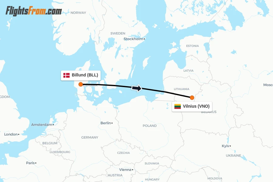 Flights from Billund to Vilnius route map