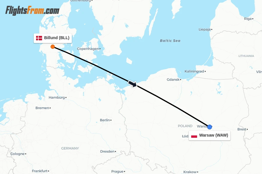 Flights from Billund to Warsaw route map