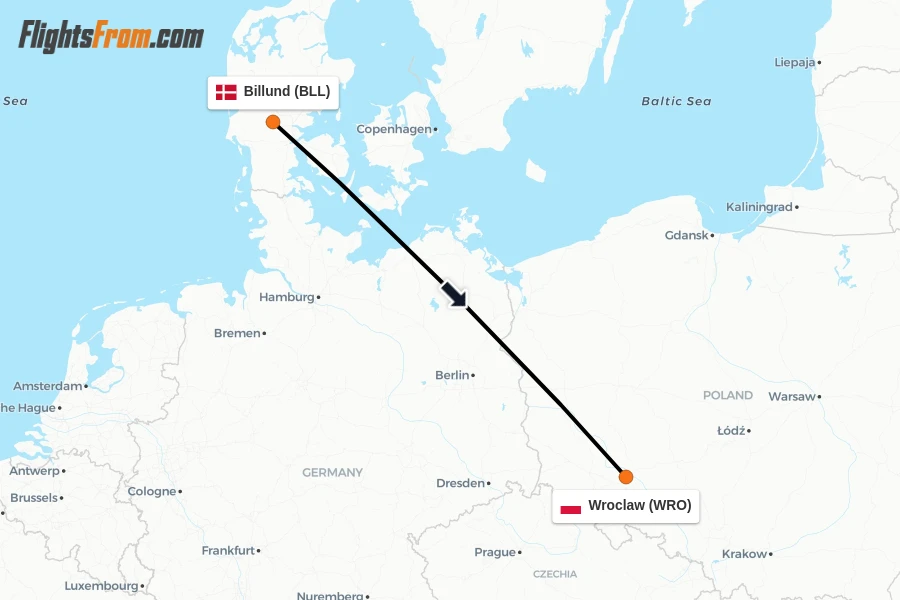 Flights from Billund to Wroclaw route map