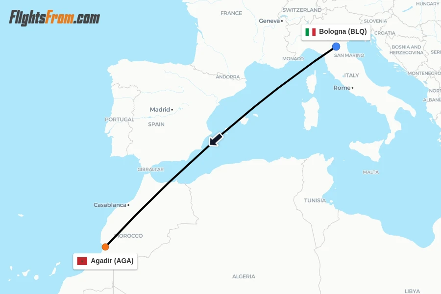 Flights from Bologna to Agadir route map