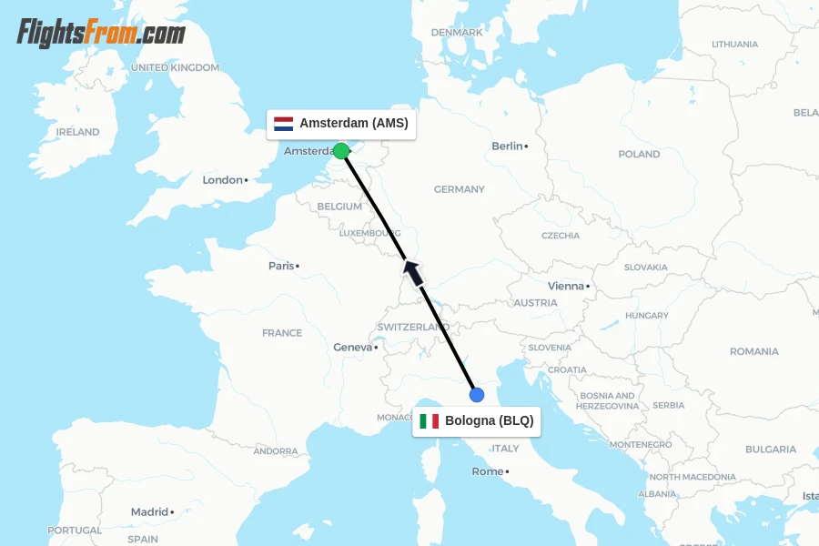Flights from Bologna to Amsterdam route map