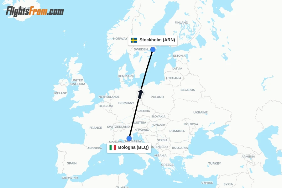 Flights from Bologna to Stockholm route map