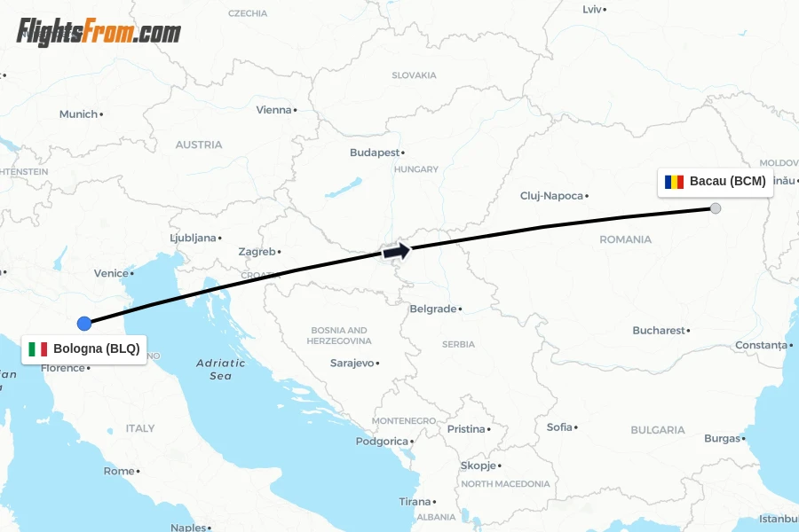 Flights from Bologna to Bacau route map