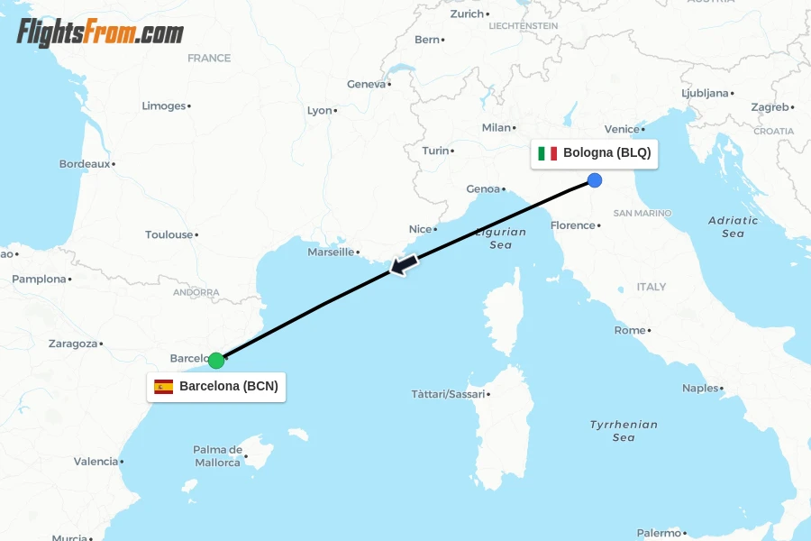 Flights from Bologna to Barcelona route map