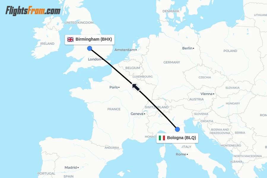Flights from Bologna to Birmingham route map